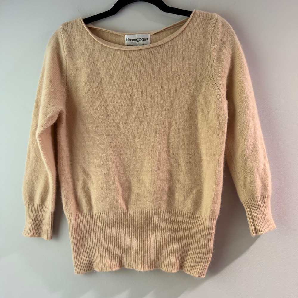 Bloomingdale's Cashmere Sweater Womens L Peach Tan Boat Neck 3/4 Sleeve
